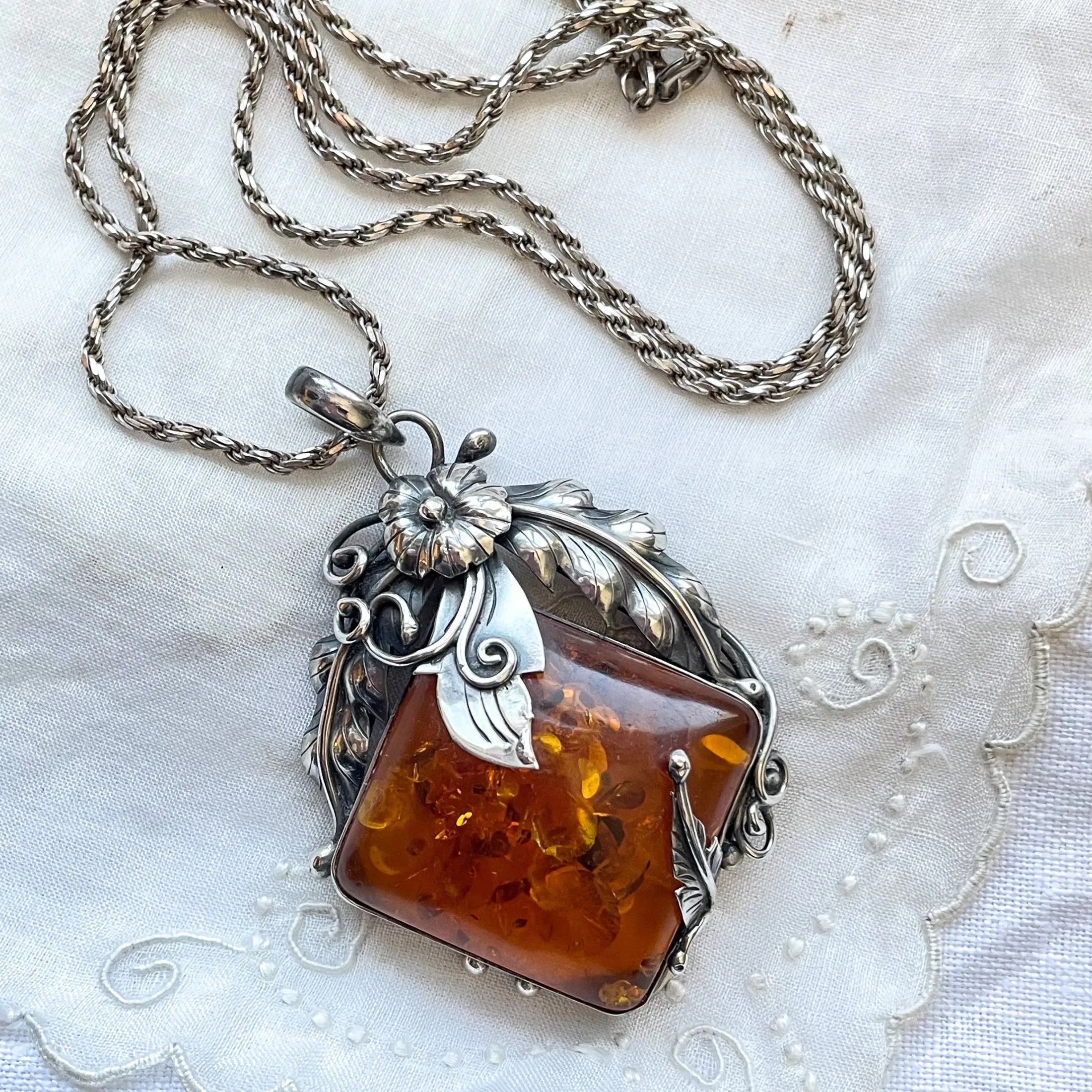 SOLD Vintage Baltic Amber Sterling Silver Pendant Necklace, Art Nouveau Style