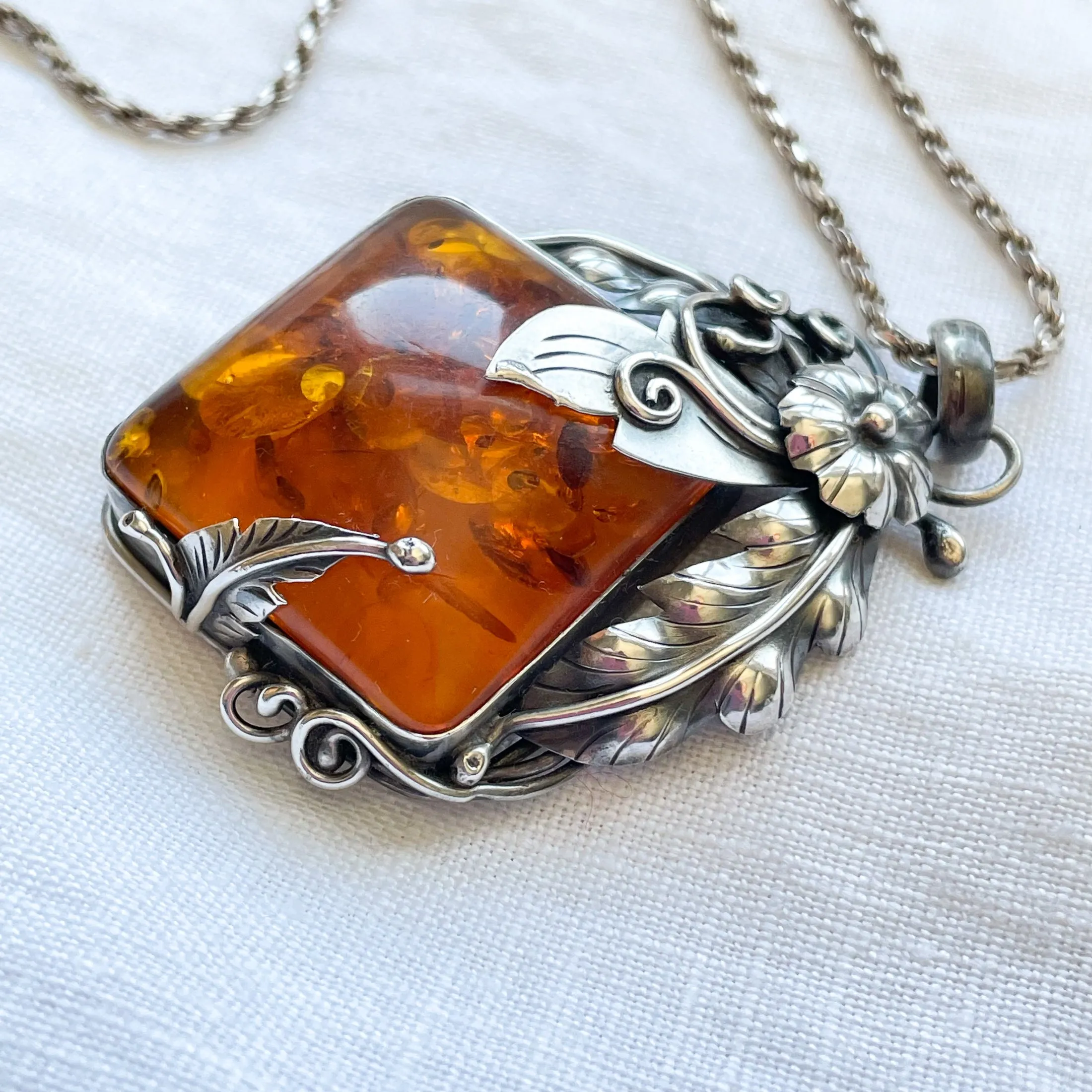 SOLD Vintage Baltic Amber Sterling Silver Pendant Necklace, Art Nouveau Style