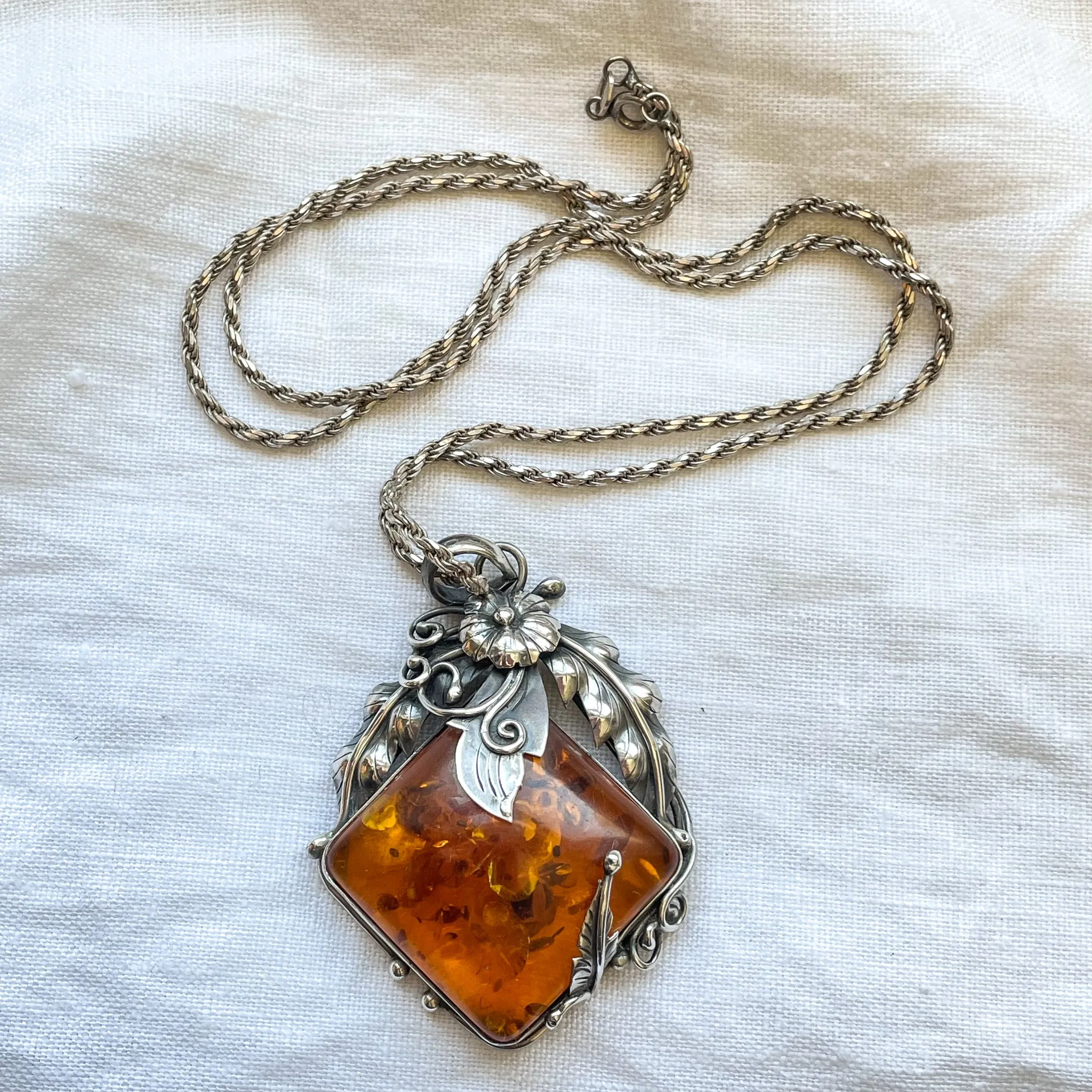 SOLD Vintage Baltic Amber Sterling Silver Pendant Necklace, Art Nouveau Style