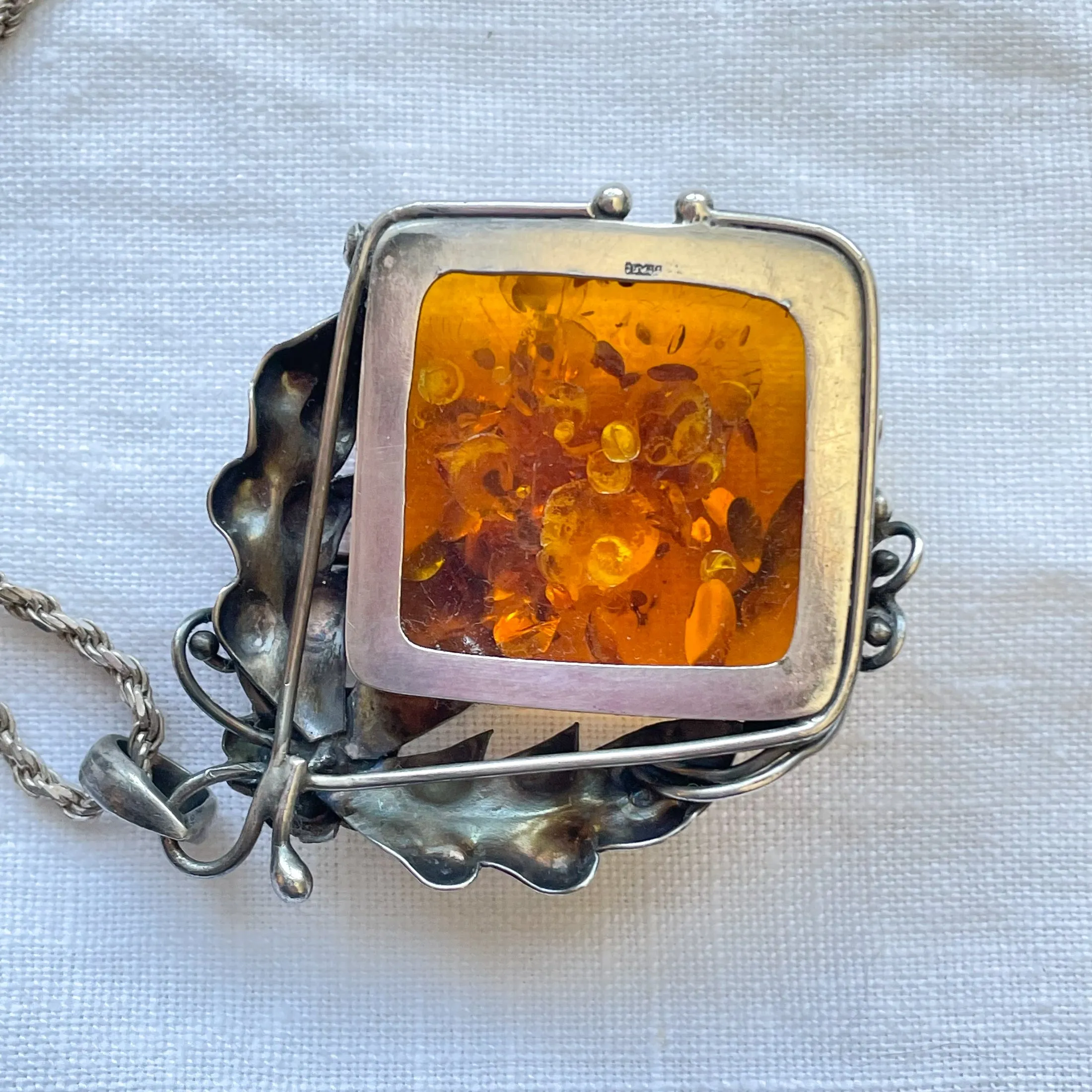 SOLD Vintage Baltic Amber Sterling Silver Pendant Necklace, Art Nouveau Style