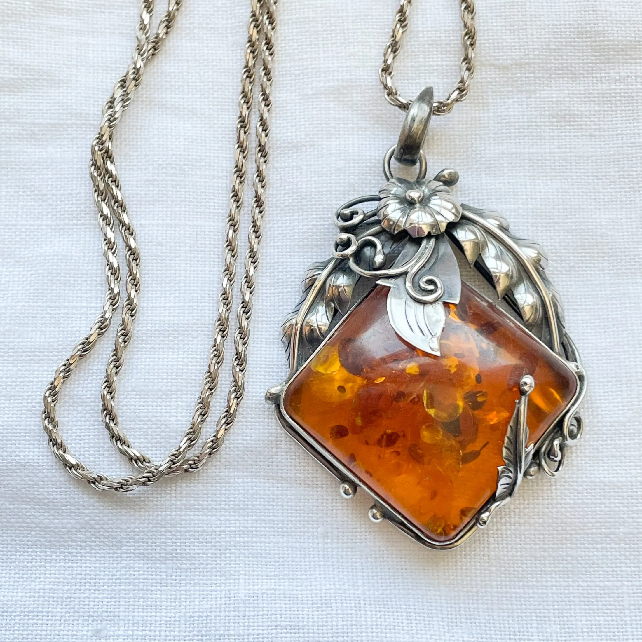 SOLD Vintage Baltic Amber Sterling Silver Pendant Necklace, Art Nouveau Style