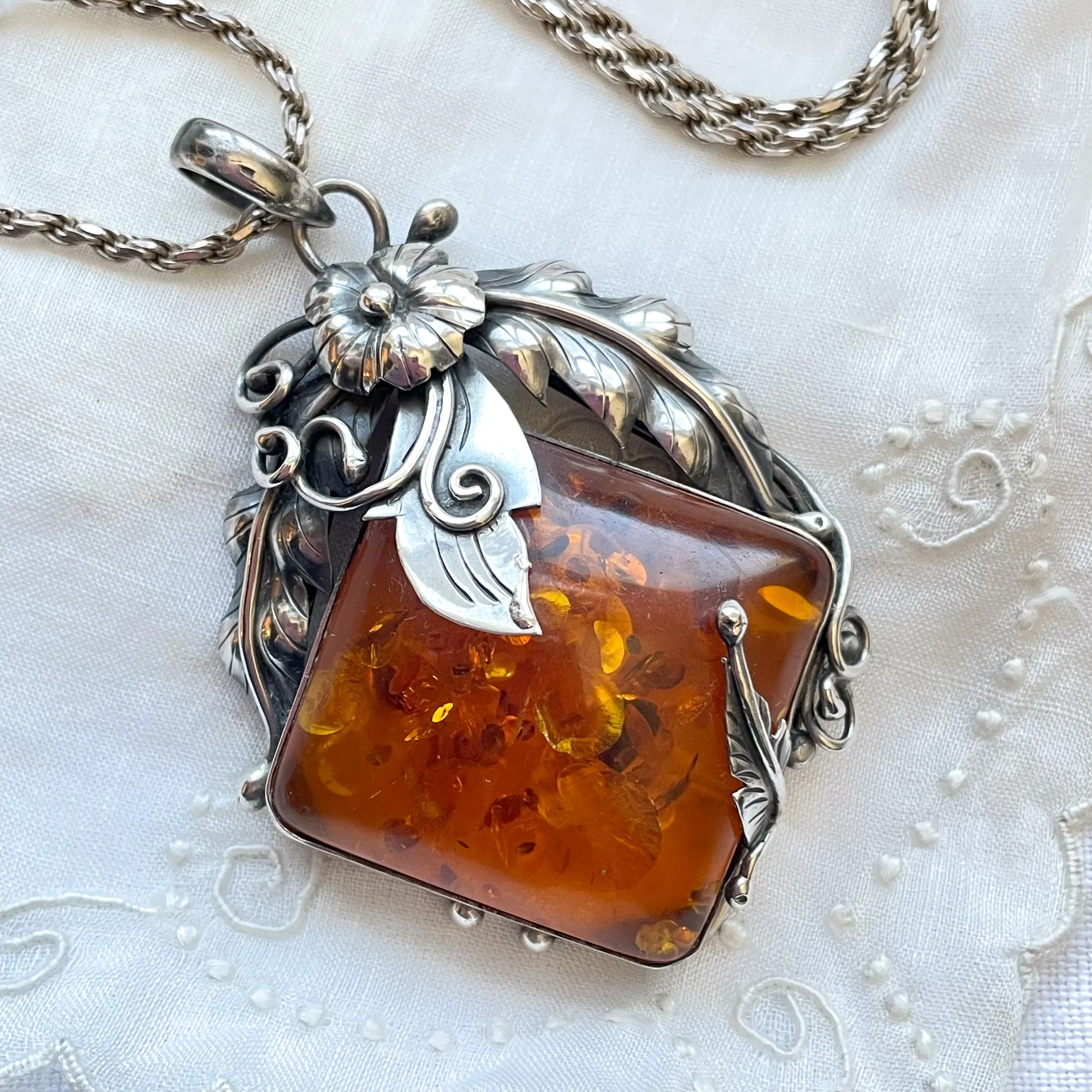 SOLD Vintage Baltic Amber Sterling Silver Pendant Necklace, Art Nouveau Style