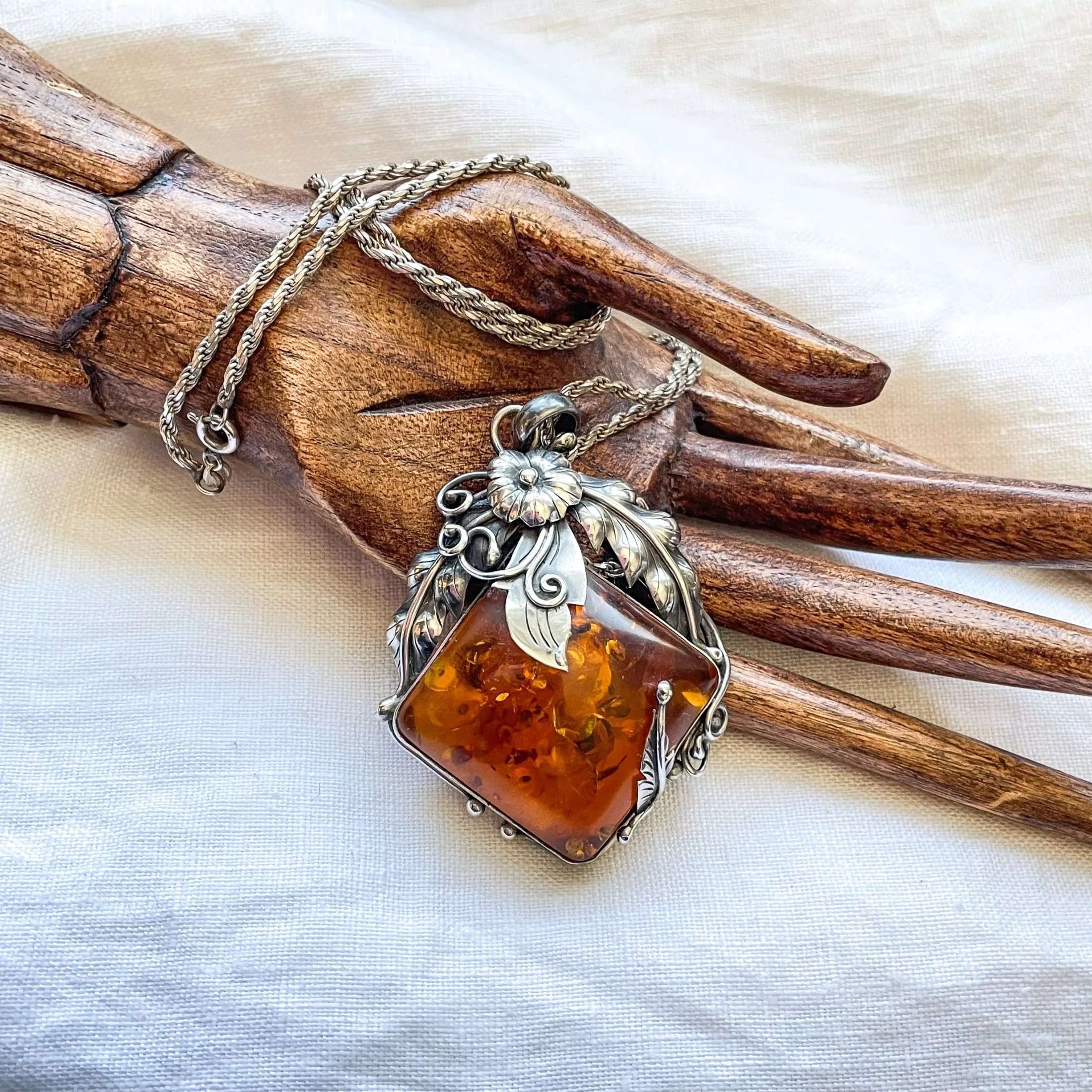 SOLD Vintage Baltic Amber Sterling Silver Pendant Necklace, Art Nouveau Style