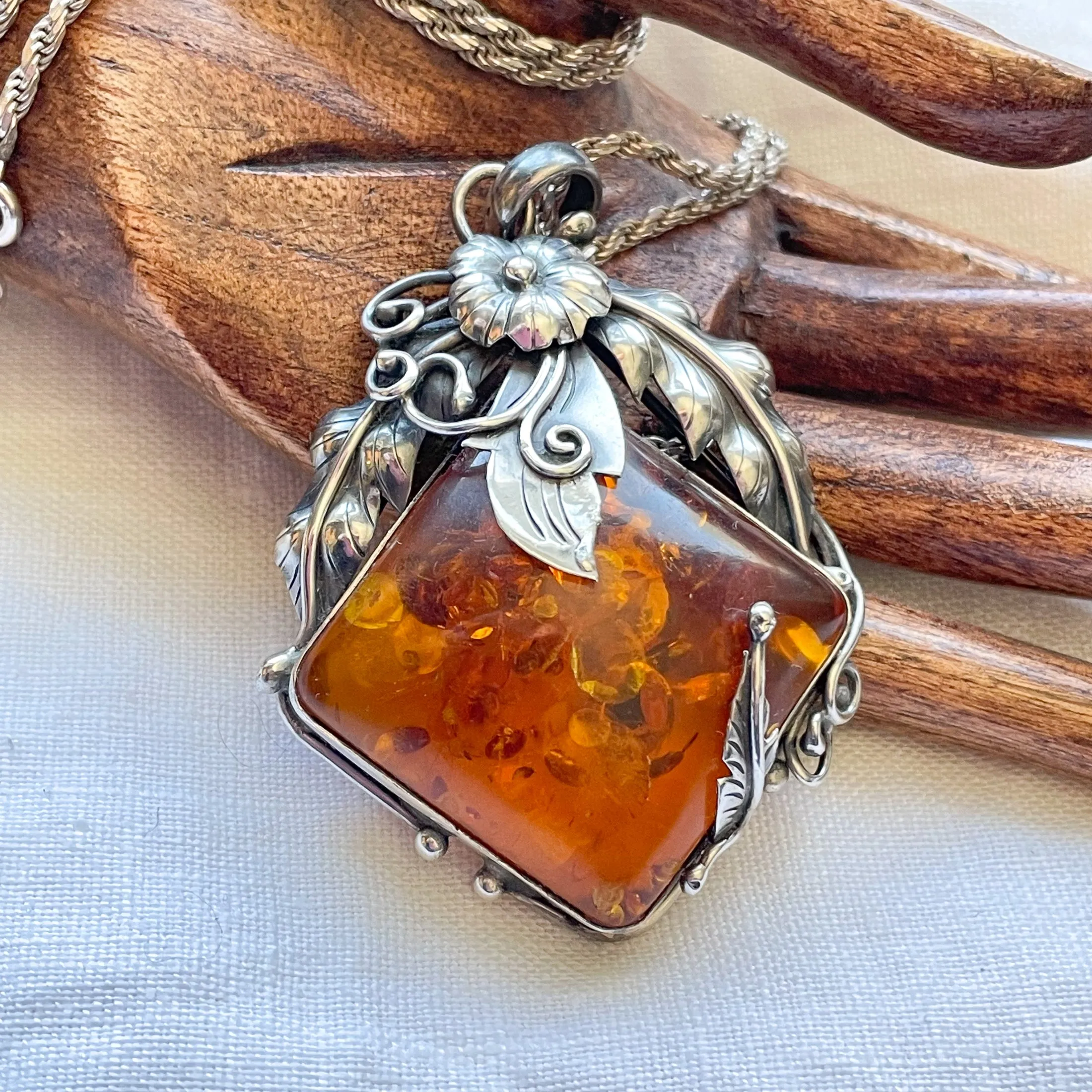 SOLD Vintage Baltic Amber Sterling Silver Pendant Necklace, Art Nouveau Style