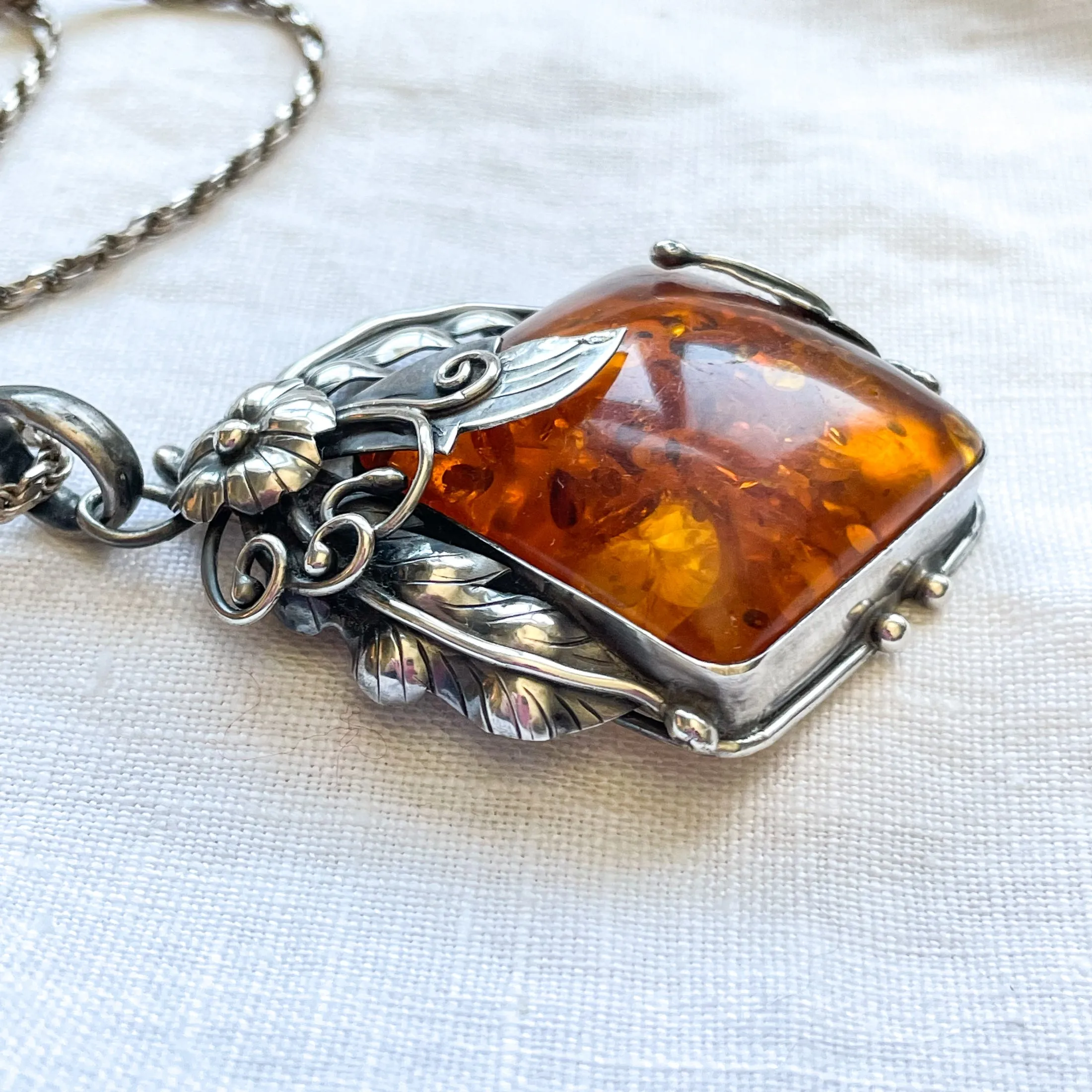 SOLD Vintage Baltic Amber Sterling Silver Pendant Necklace, Art Nouveau Style