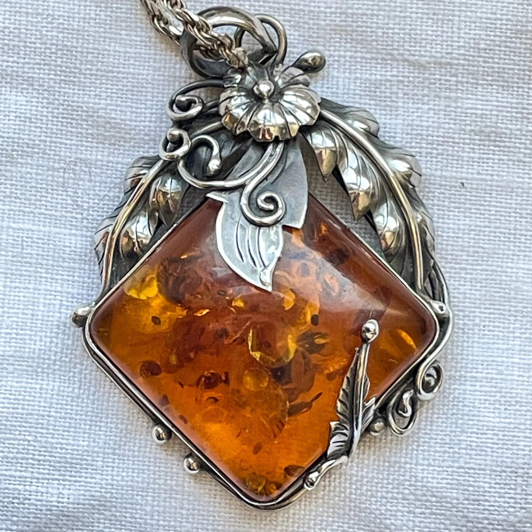 SOLD Vintage Baltic Amber Sterling Silver Pendant Necklace, Art Nouveau Style