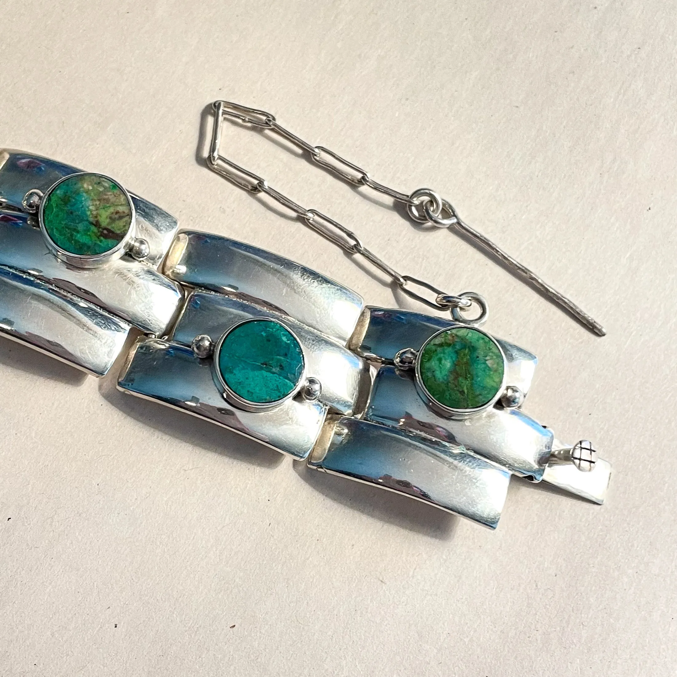 SOLD Vintage Modernist Sterling Silver Taxco Bracelet Green Stone