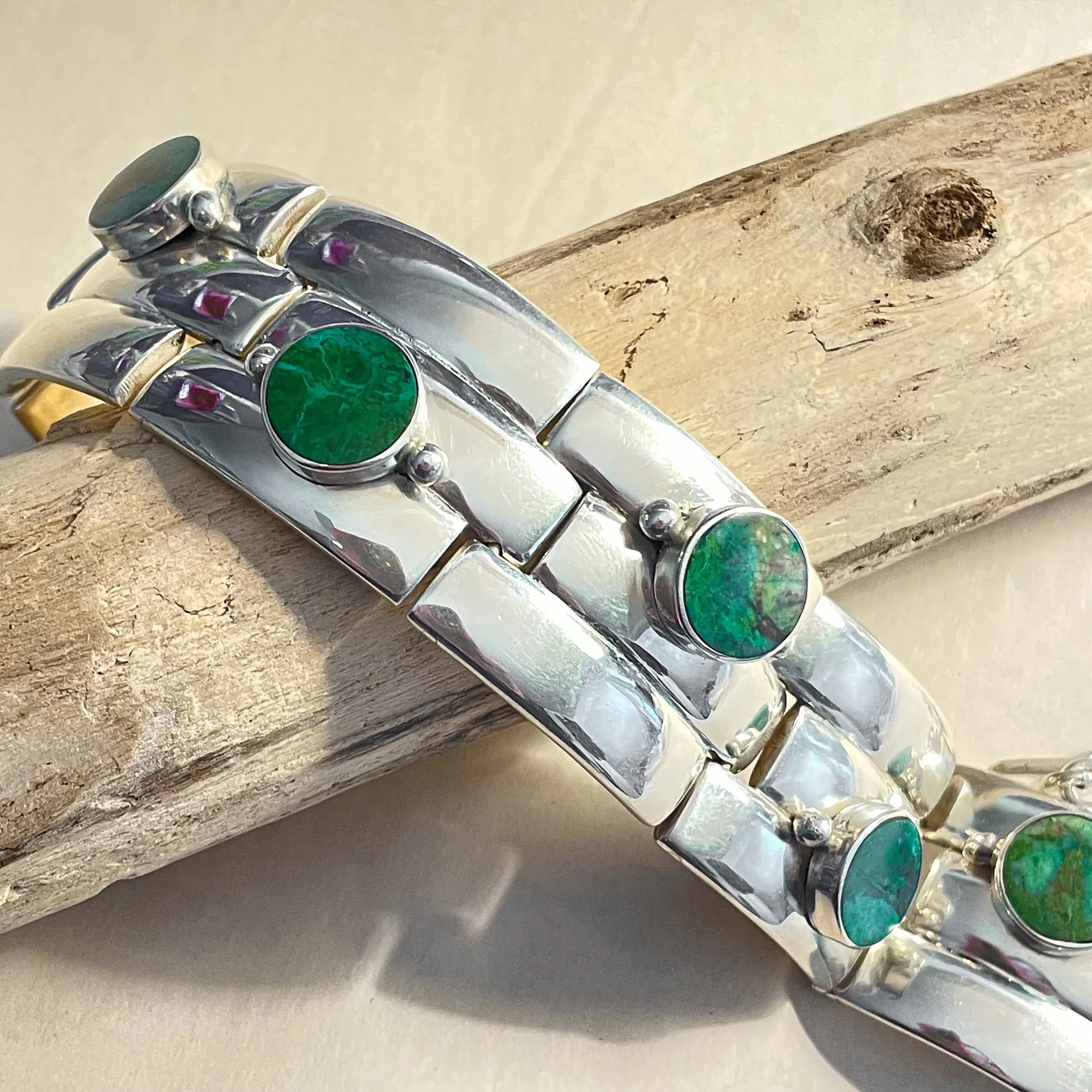 SOLD Vintage Modernist Sterling Silver Taxco Bracelet Green Stone