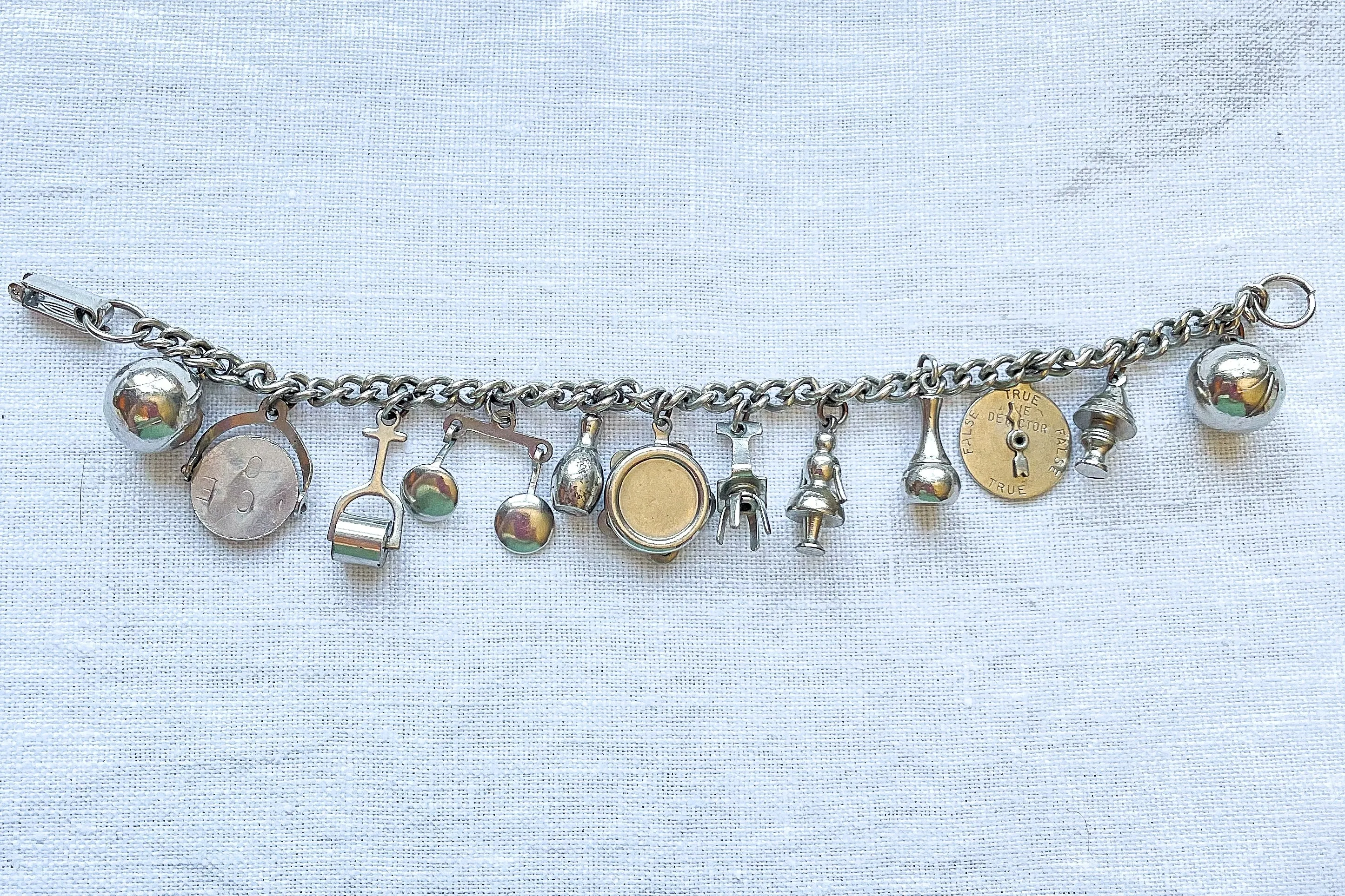 SOLD Vintage Silver Tone Charm Bracelet, MCM Costume Jewelry Bracelet, 12 Charms