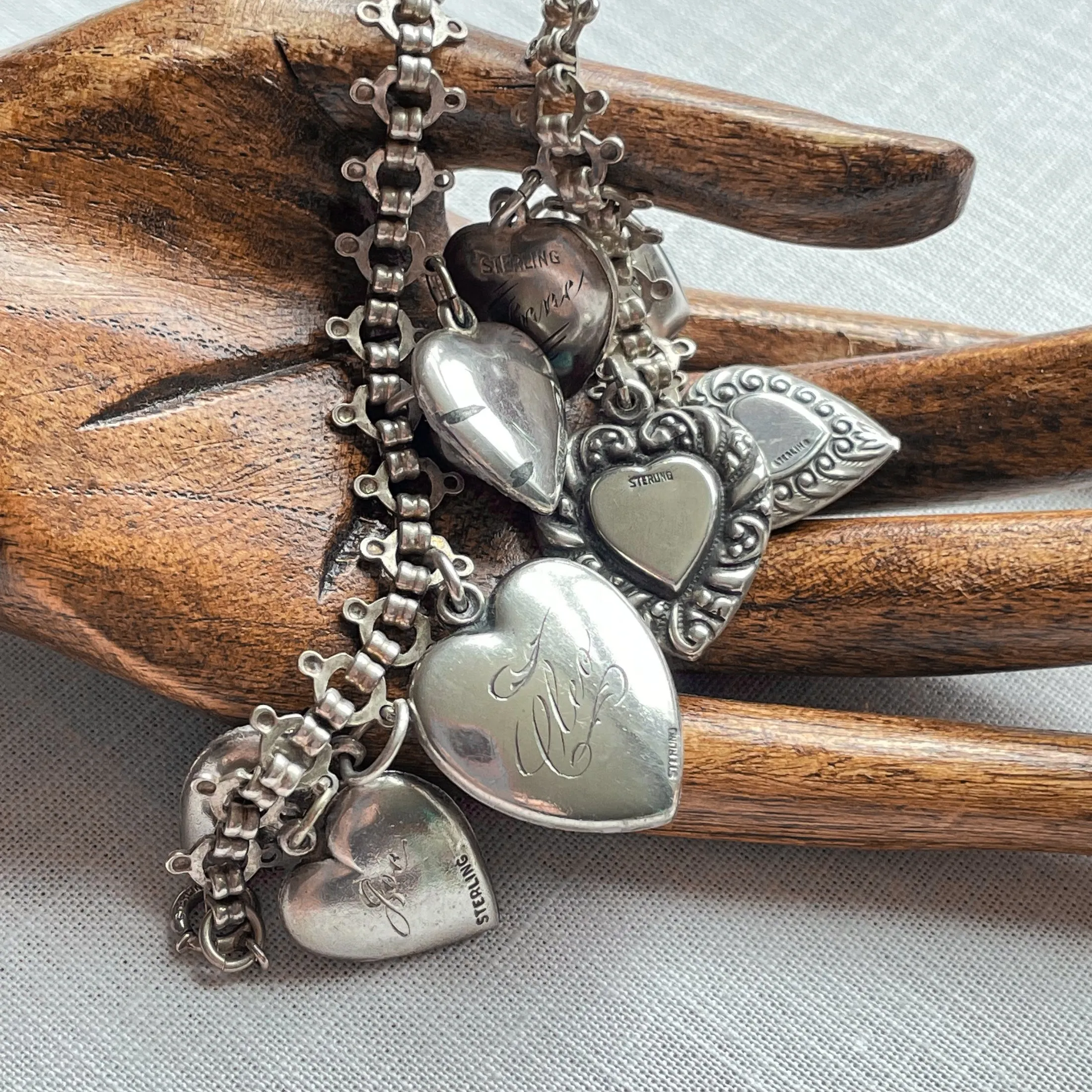 SOLD Vintage Sterling Charm Bracelet, Reversible Puffy Hearts, Etched Stamped Monogrammed