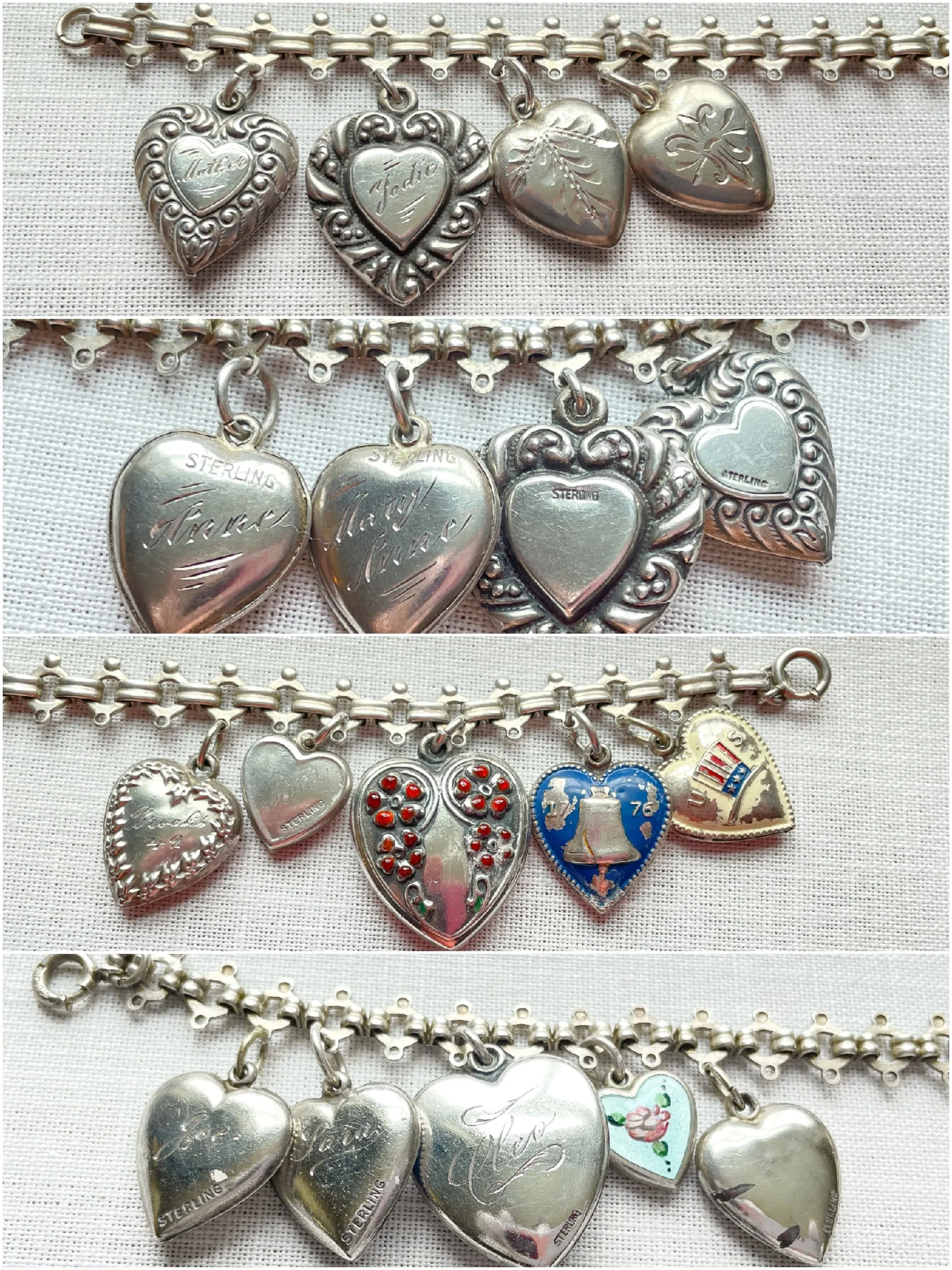 SOLD Vintage Sterling Charm Bracelet, Reversible Puffy Hearts, Etched Stamped Monogrammed