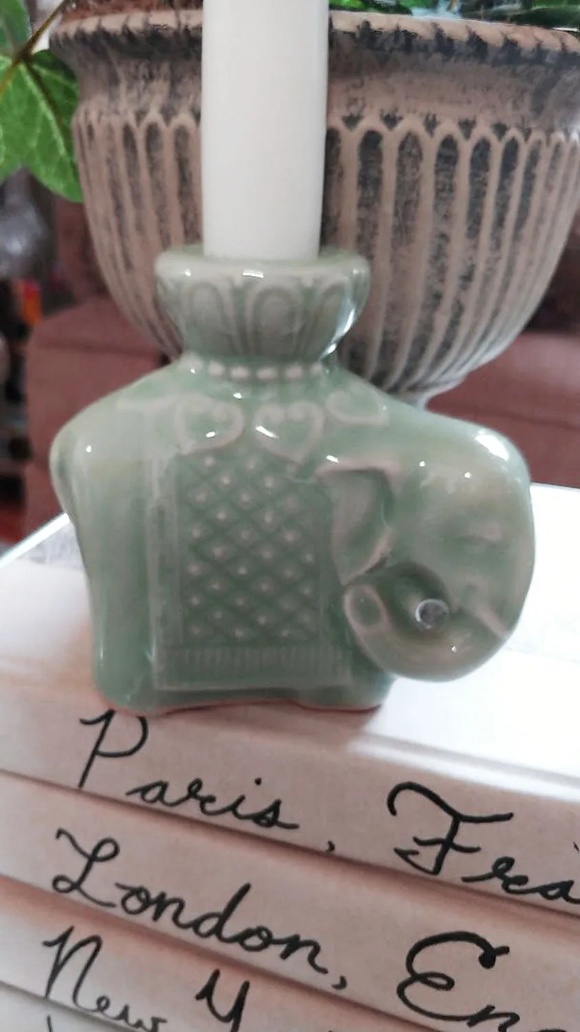 VINTAGE 1960s CHINESE CELADON GLAZED ELEPHANT CANDLE HOLDERS