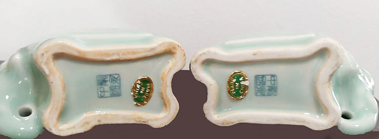 VINTAGE 1960s CHINESE CELADON GLAZED ELEPHANT CANDLE HOLDERS