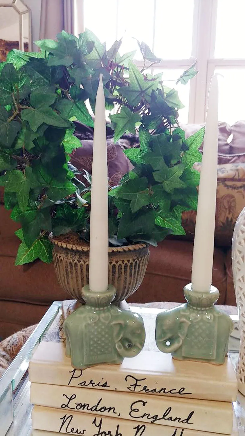 VINTAGE 1960s CHINESE CELADON GLAZED ELEPHANT CANDLE HOLDERS