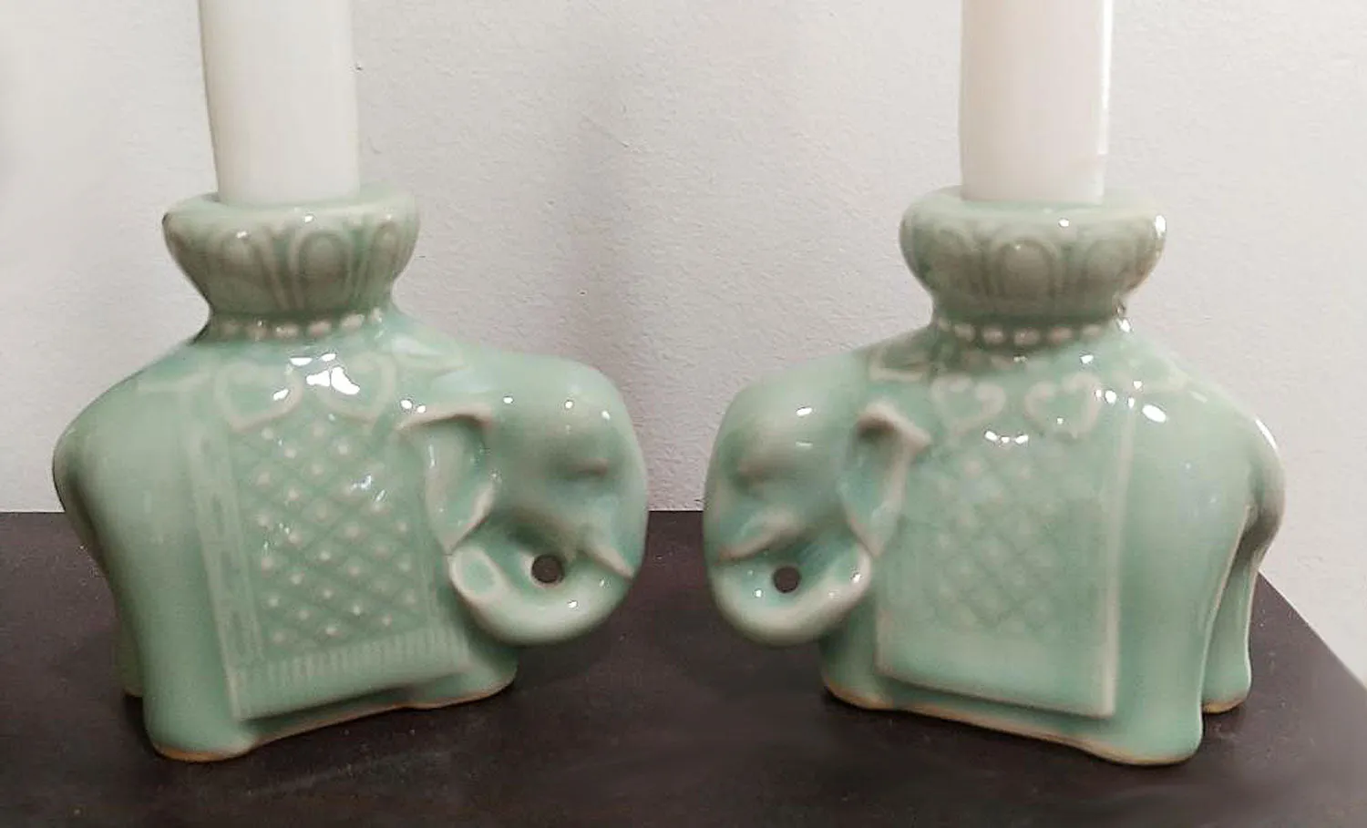 VINTAGE 1960s CHINESE CELADON GLAZED ELEPHANT CANDLE HOLDERS