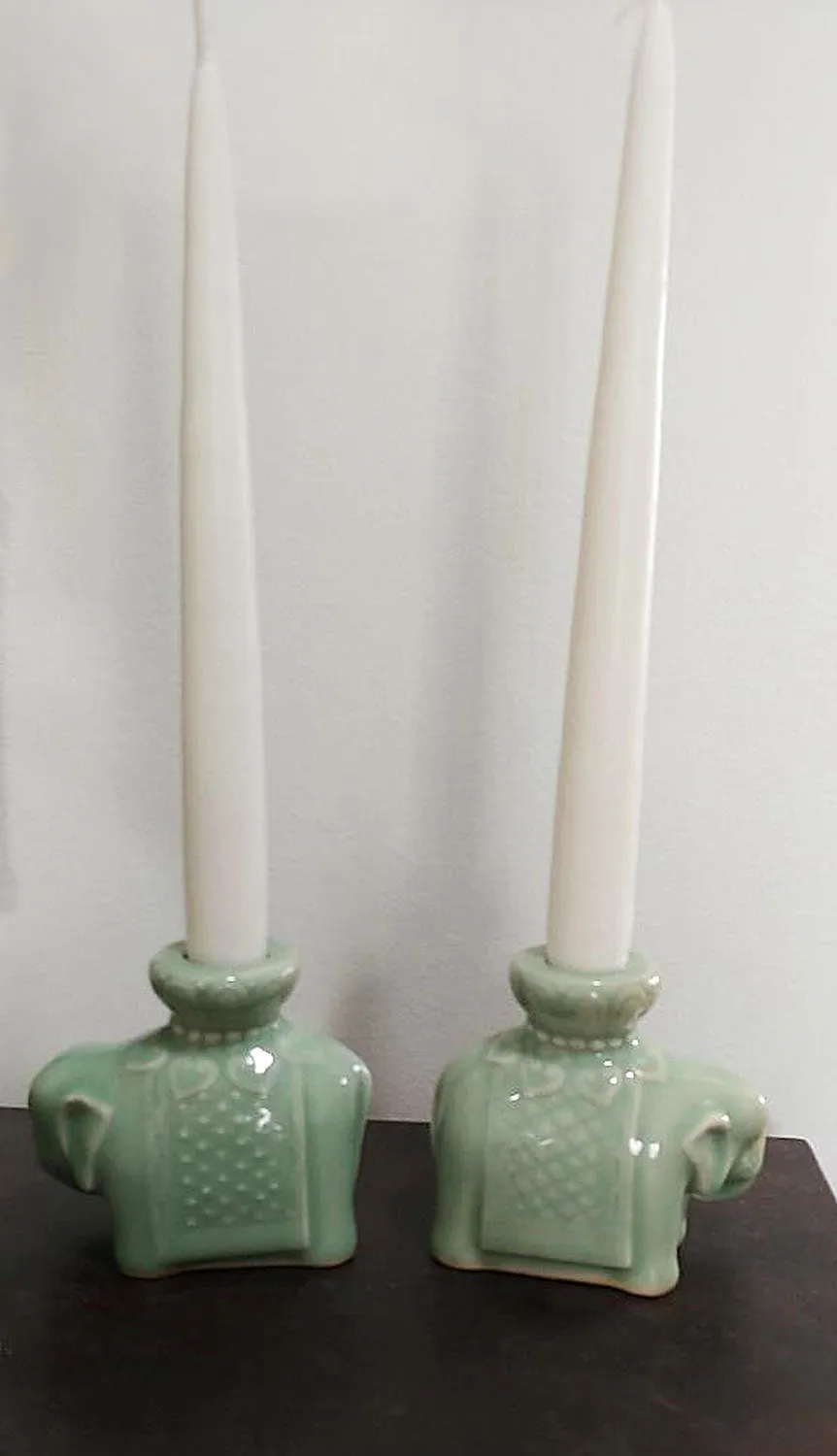 VINTAGE 1960s CHINESE CELADON GLAZED ELEPHANT CANDLE HOLDERS