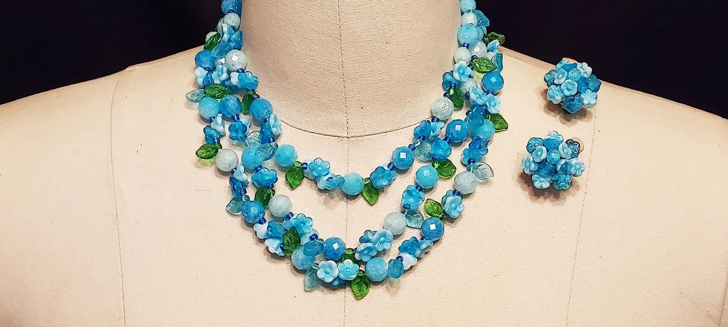 *VINTAGE 50S 60S BLUE GLASS FLORAL NECKLACE W LEAVES AND EARRINGS SET WEST GERMANY