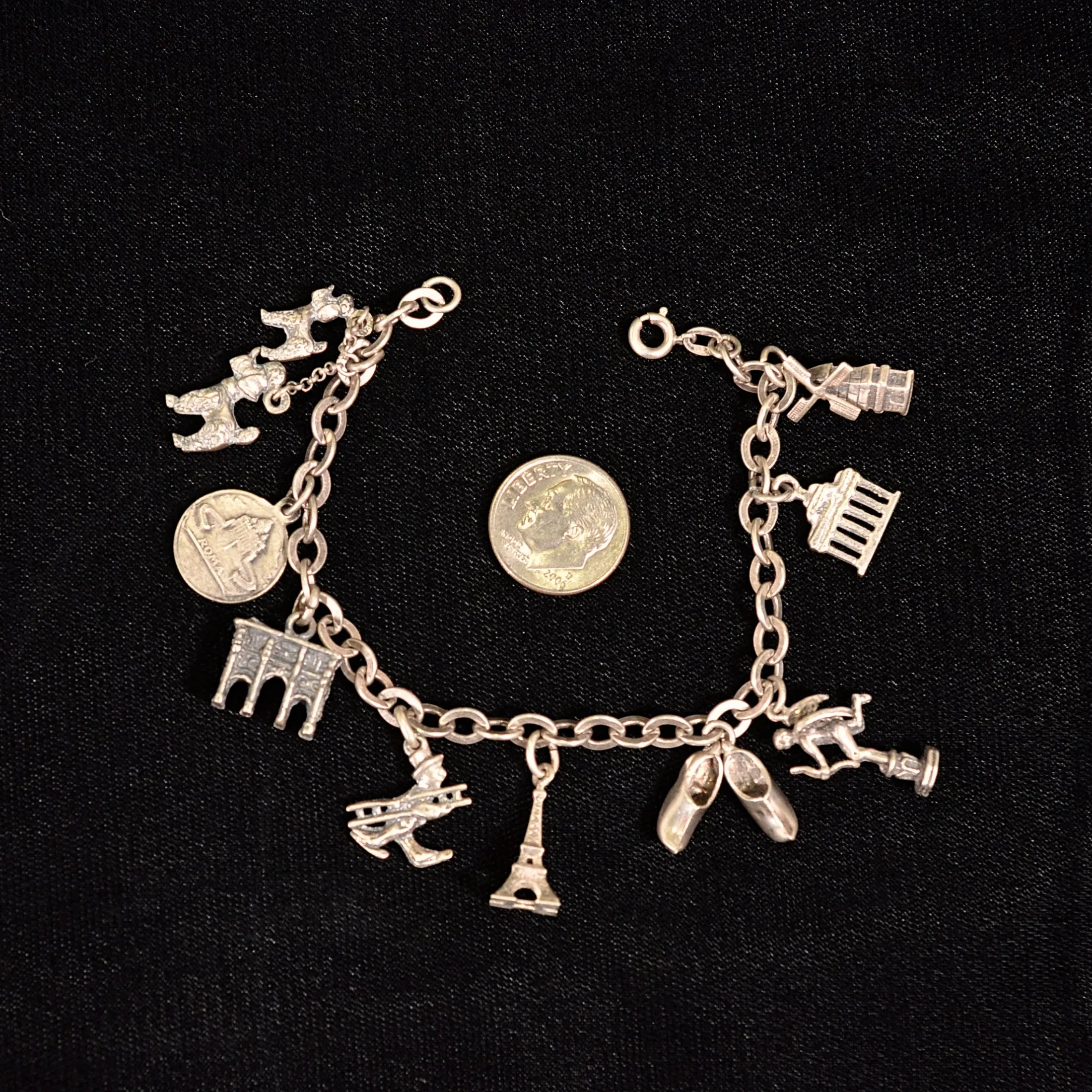 Vintage 50s Silver Charm Bracelet, MCM Travel Theme Paris/Rome, 11 Charms Small Scale, 7"