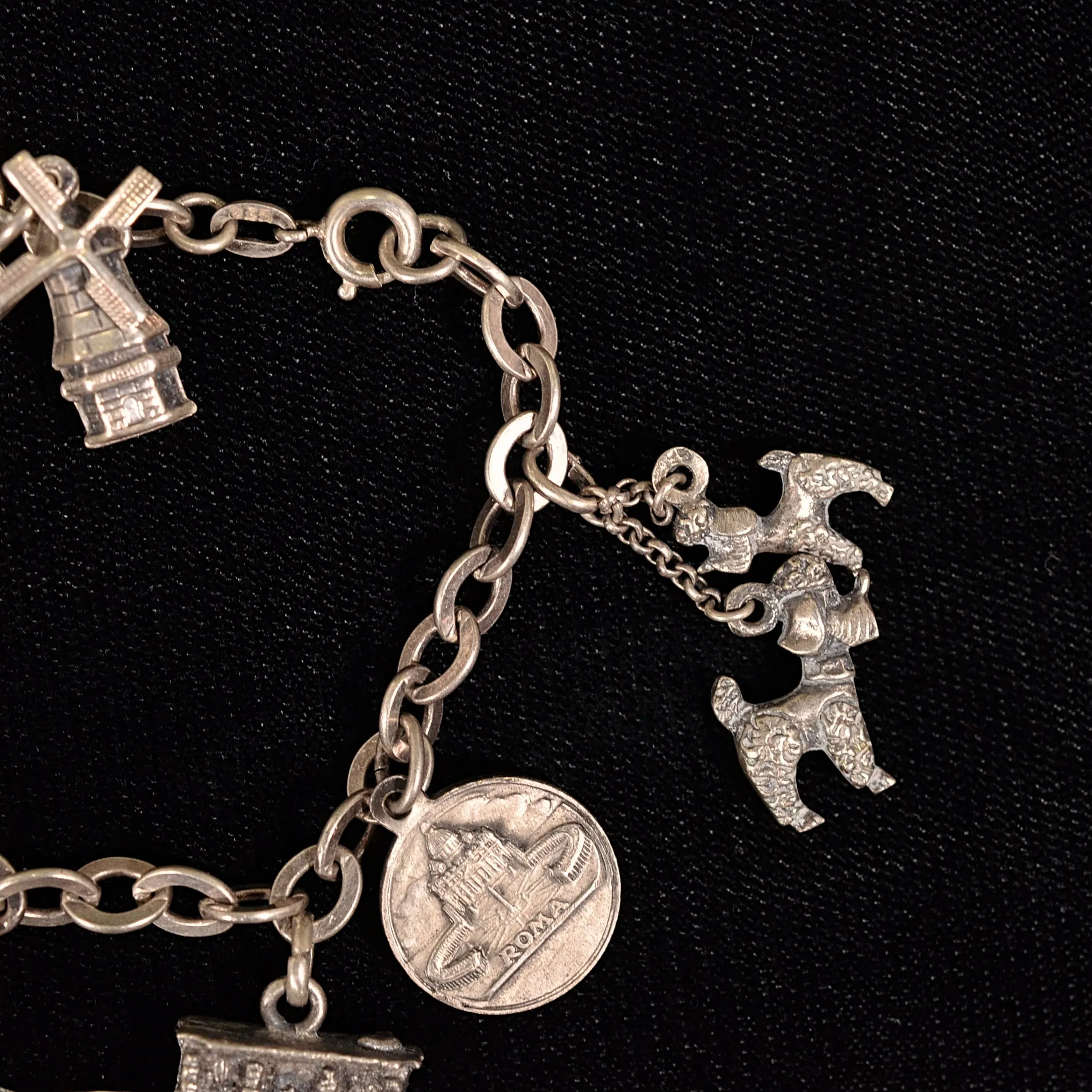 Vintage 50s Silver Charm Bracelet, MCM Travel Theme Paris/Rome, 11 Charms Small Scale, 7"