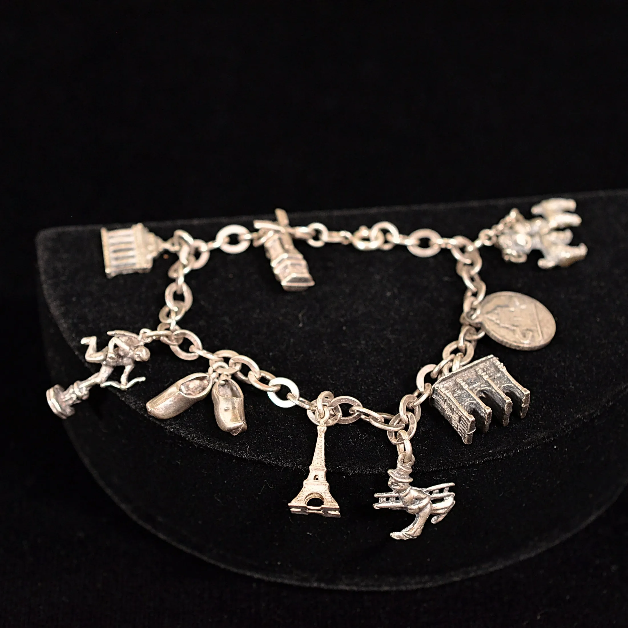 Vintage 50s Silver Charm Bracelet, MCM Travel Theme Paris/Rome, 11 Charms Small Scale, 7"