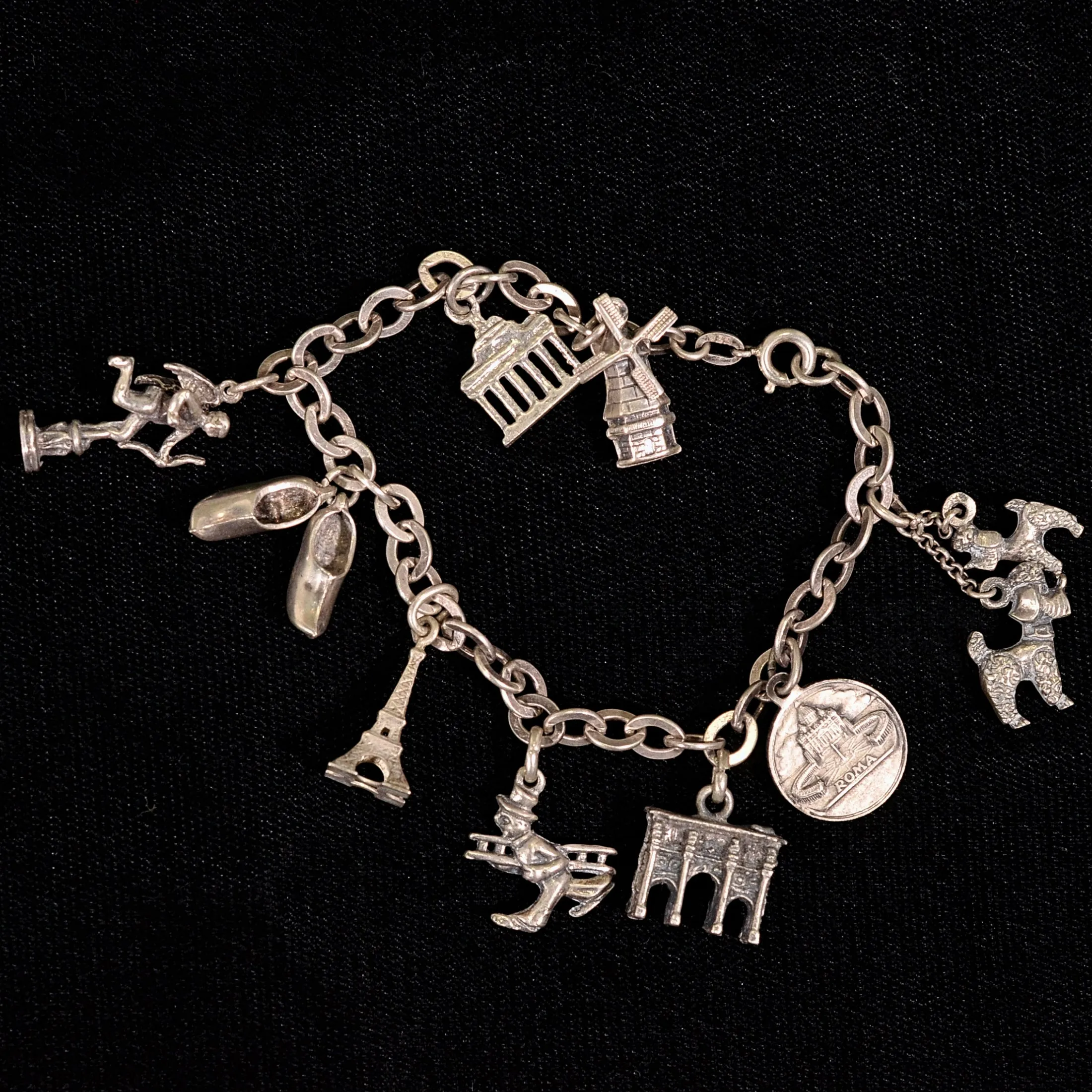 Vintage 50s Silver Charm Bracelet, MCM Travel Theme Paris/Rome, 11 Charms Small Scale, 7"