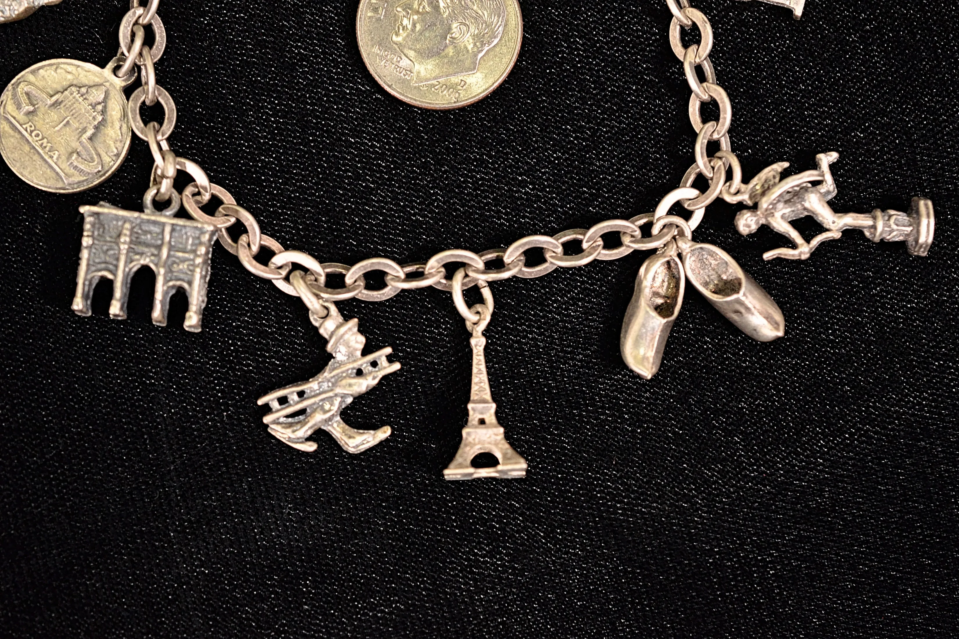 Vintage 50s Silver Charm Bracelet, MCM Travel Theme Paris/Rome, 11 Charms Small Scale, 7"