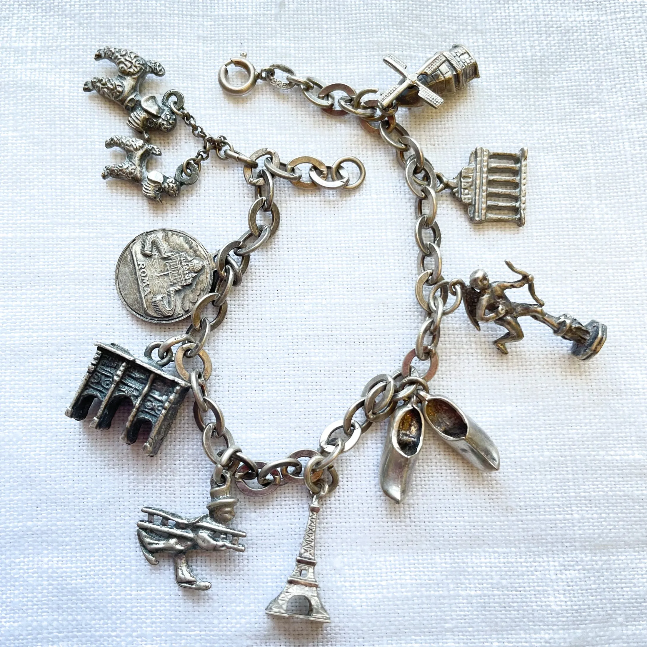 Vintage 50s Silver Charm Bracelet, MCM Travel Theme Paris/Rome, 11 Charms Small Scale, 7"