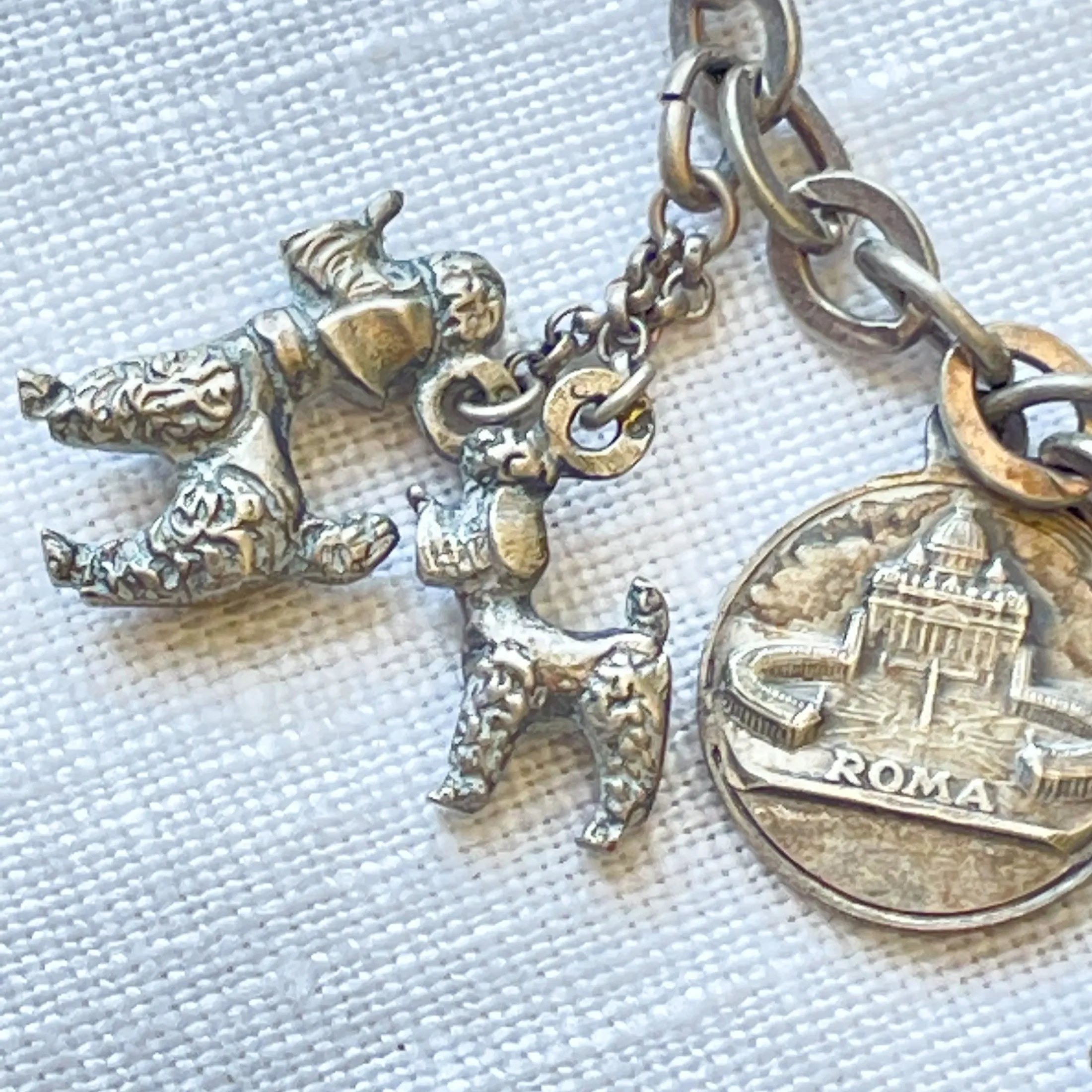 Vintage 50s Silver Charm Bracelet, MCM Travel Theme Paris/Rome, 11 Charms Small Scale, 7"