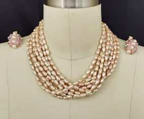 *VINTAGE 60S DESIGNER CAROLEE BABY PINK 6 STRAND LAYERED FAUX PEARL NECKLACE PAIRED WITH SPARKLING BEADS & PEARL EARRINGS