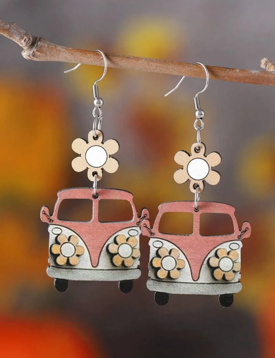 Vintage Pink and Orange Flower School Bus Earrings