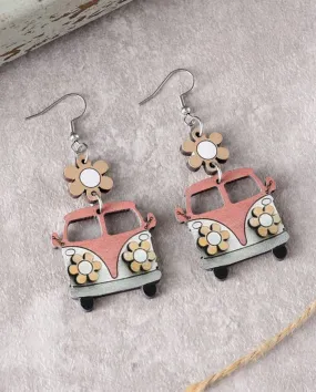 Vintage Pink and Orange Flower School Bus Earrings