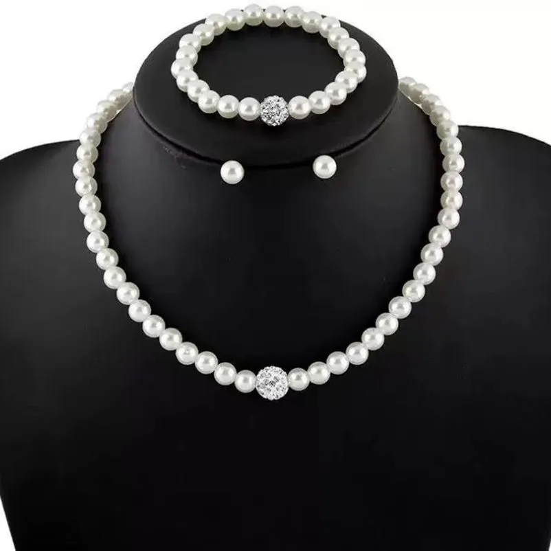 Women's Three-Piece Premium Pearl Wedding Necklace Earring and Bracelet Jewelry Set