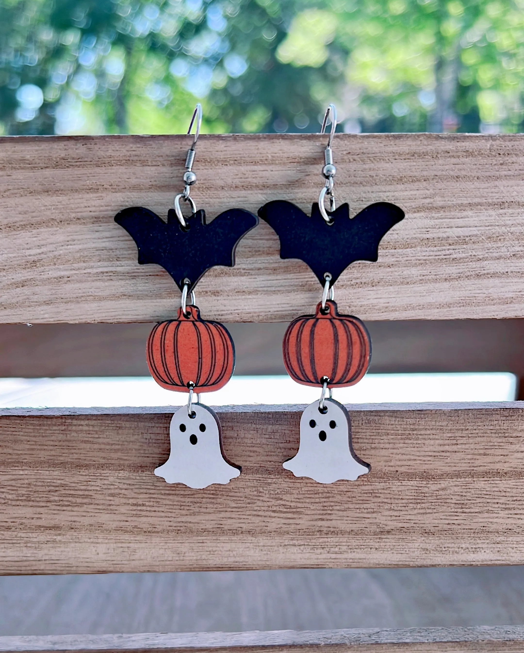 Wooden Halloween Drop Earrings