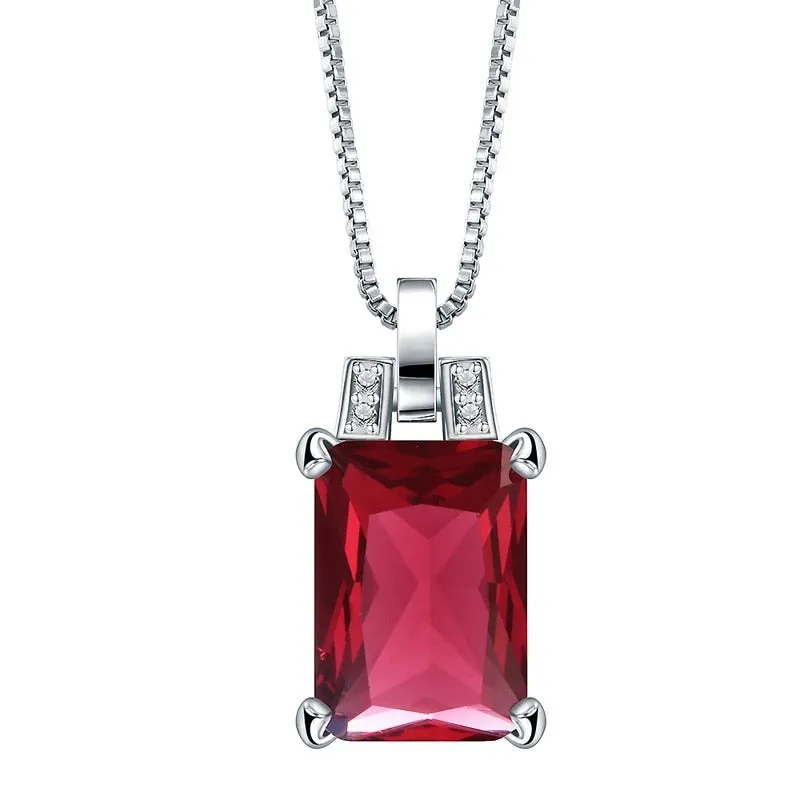 Yongman Women's 925 Sterling Silver Ruby Zircon Gemstone Earrings Ring and Pendant Necklace Square Style Jewelry Set